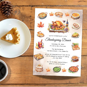 Invitation Thanksgiving Watercolor Fête Dîner Simple
