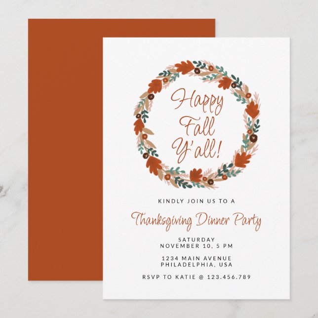 Invitation Thanksgiving Wreath Happy Fall Y’all Dîner (Devant / Derrière)