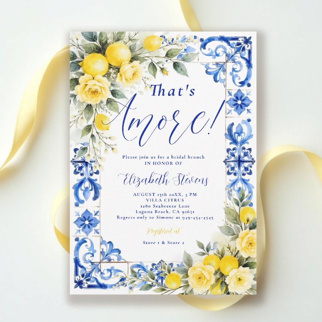 Invitation That's Amore Lemon Blue Tile Floral Bridal Shower  (thats amore bridal shower theme lemon blue tile frame italian summer invitation yellow roses floral)