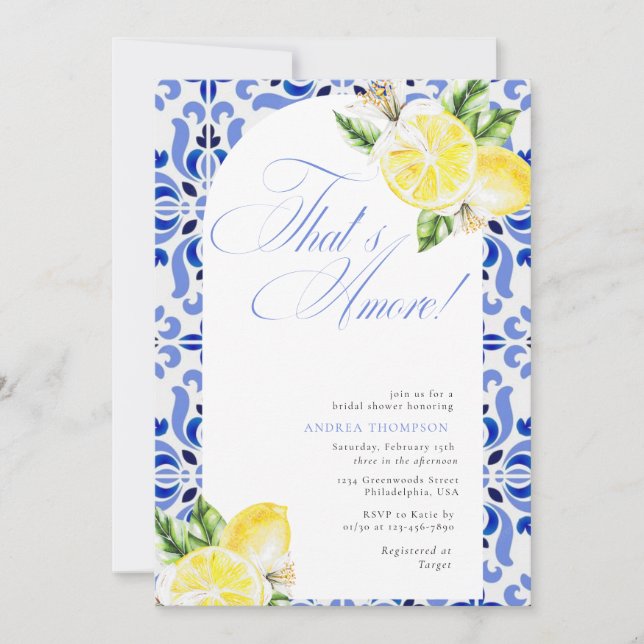 Invitation That's Amore Lemon Italian Blue Tile Bridal Shower (Devant)