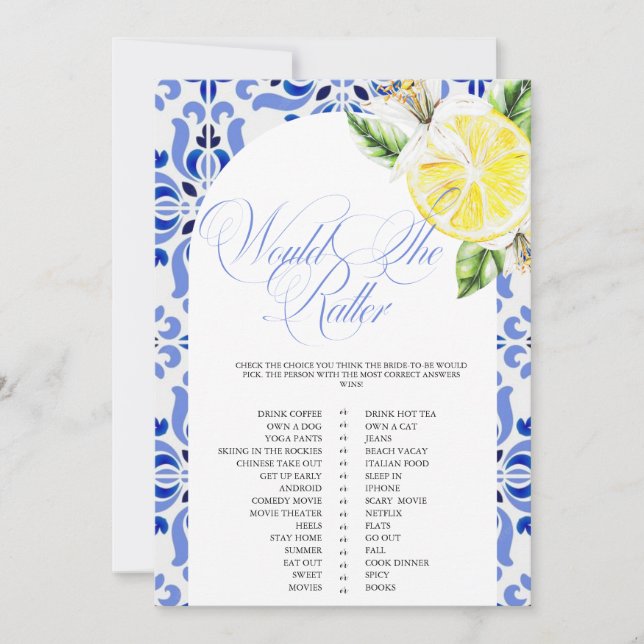 Invitation That's Amore Lemon Italian Blue Tile Bridal Shower (Devant)