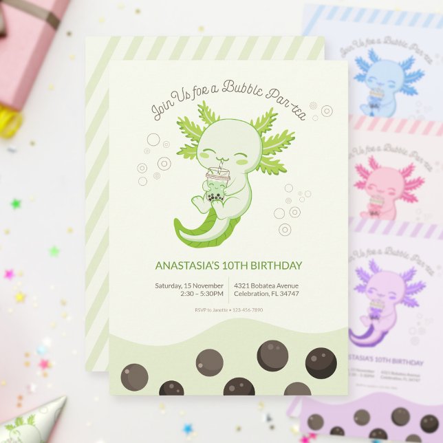 Invitation Thé à bulles de Bubble Boba Axolotl Vert pour l'an (Créateur téléchargé)