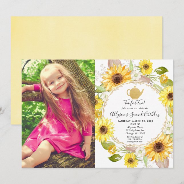 Invitation Thé à la fête du thé Sunflower pour deux ans photo (Devant / Derrière)