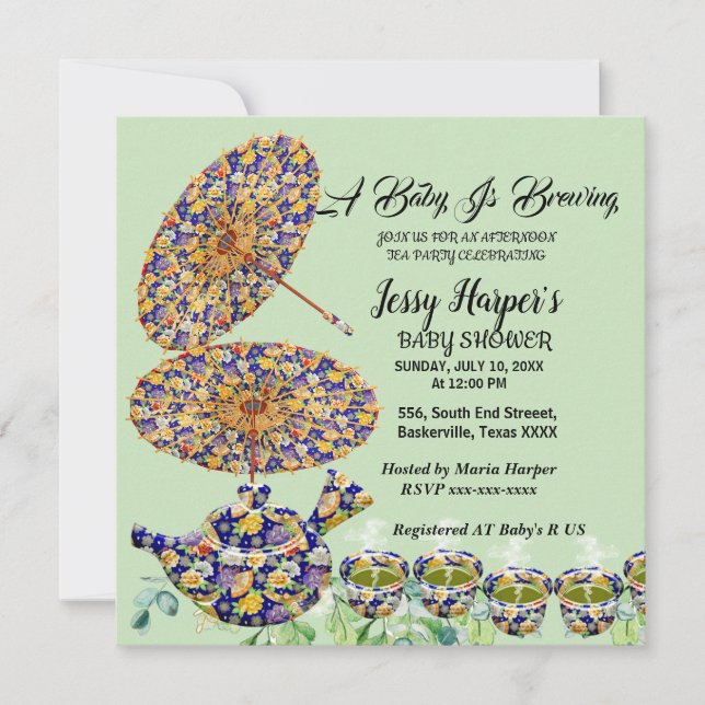 Invitation Thé à la Fleur Bleue Théière Fête de Baby Shower A (Devant)