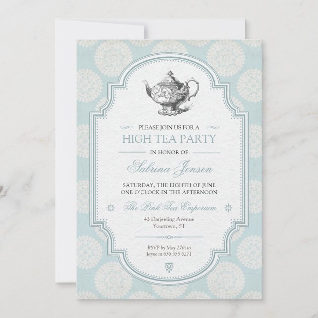 Invitation Thé à la haute victorienne bleu (Devant)
