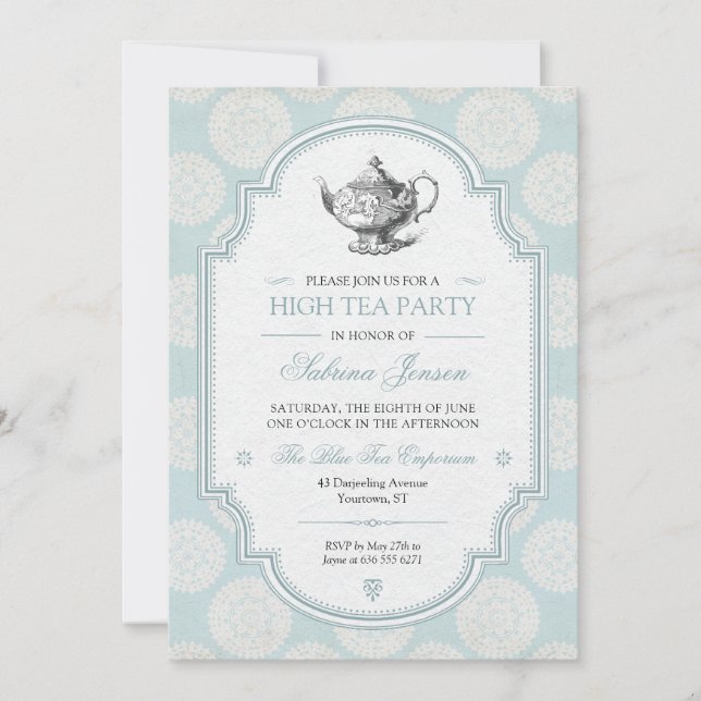 Invitation Thé à la haute victorienne bleu (Devant)