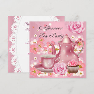 Invitation Thé à la menthe Party Théière Rose Rose Vintage
