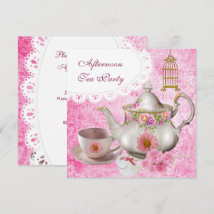 Invitation Thé à la mi-journée Vintage Théière florale rose