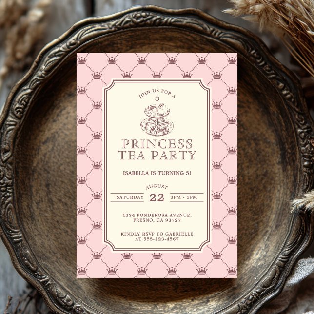 Invitation Thé à la Princesse Élégant motif de couronne rose (Créateur téléchargé)