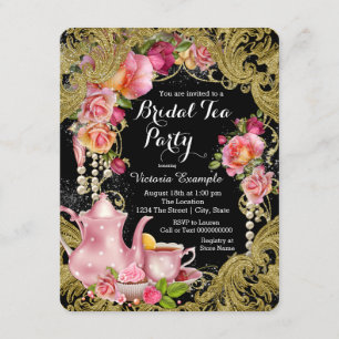 Invitation Thé à la rose noir et or