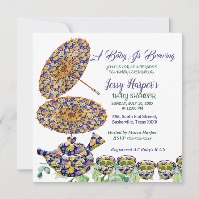 Invitation Thé à la théière florale bleue pour Baby Shower de (Devant)