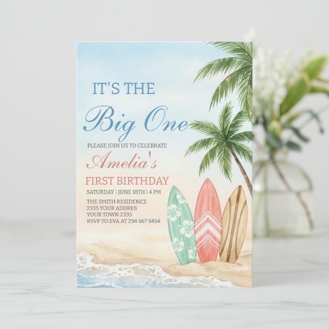 Invitation The Big One Beach Surf 1st Birthday (Debout devant)