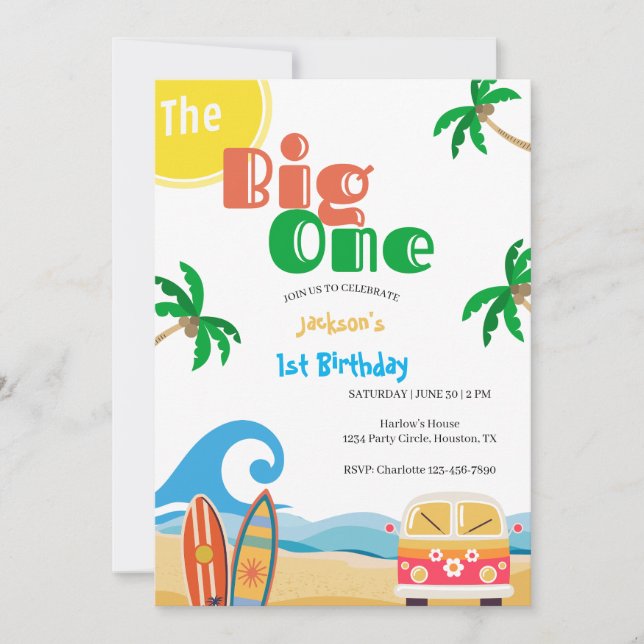Invitation The Big One Beach Surf 1st Birthday  (Devant)