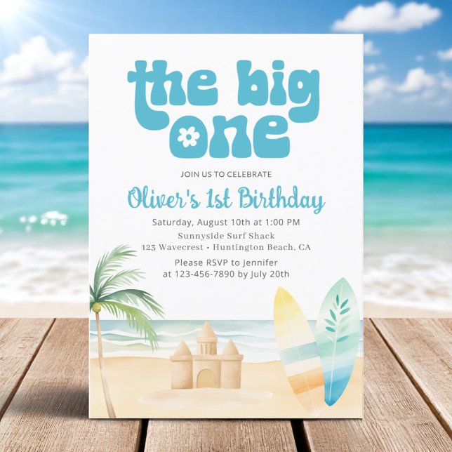 Invitation The Big One Boy's 1st Birthday Surfboard Beach (Créateur téléchargé)