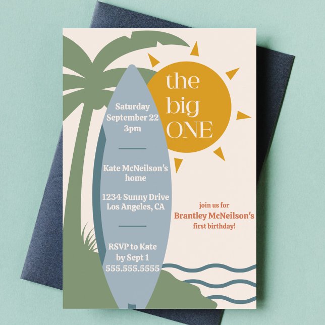 Invitation "The big ONE" Surfing Beach 1er anniversaire (the big one surfing birthday party invitation cute surf board ocean beach waves bday invite )