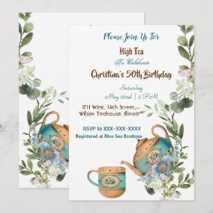 Invitation Thé bleu Floral après-midi Thé haut 50 Anniversair