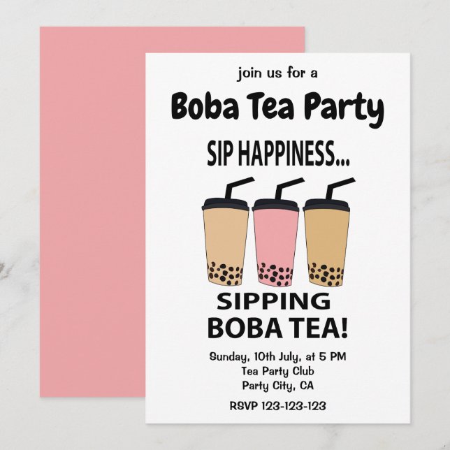 Invitation Thé Boba Thé Bubble Tea Party (Devant / Derrière)