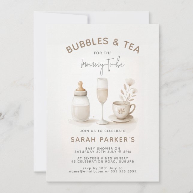 Invitation Thé & Champagne Baby shower neutre (Devant)