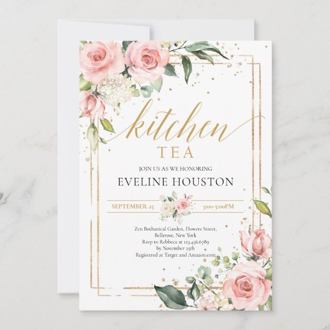 Invitation Thé de cuisine à cadre floral rose pâle (Devant)