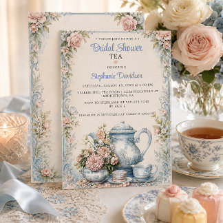 Invitation Thé de douche de mariage floral bleu élégant et bl