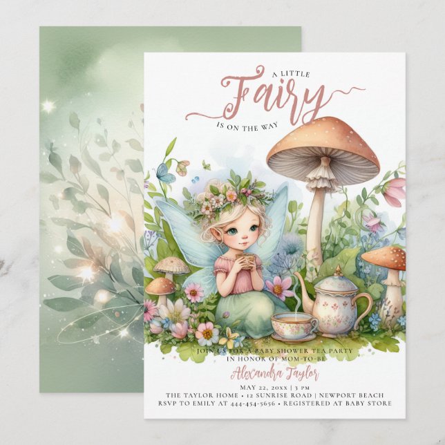 Invitation Thé de fée Champignons sauvages Forêt bébé fille D (Devant / Derrière)