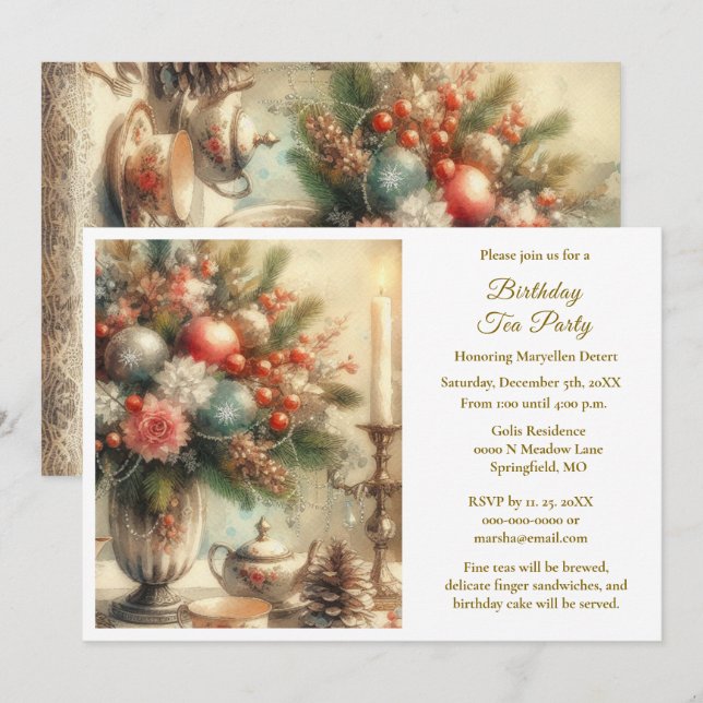 Invitation Thé de fête d'anniversaire élégant  (Devant / Derrière)