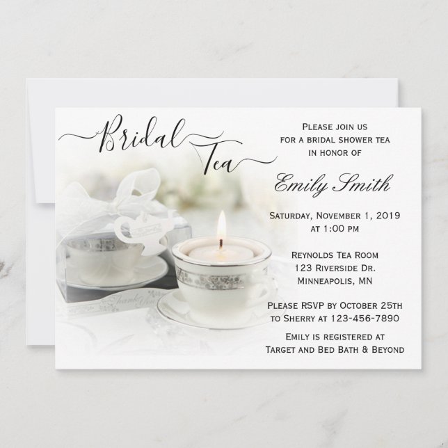 Invitation Thé de Fête des mariées à thé blanc et argent (Devant)