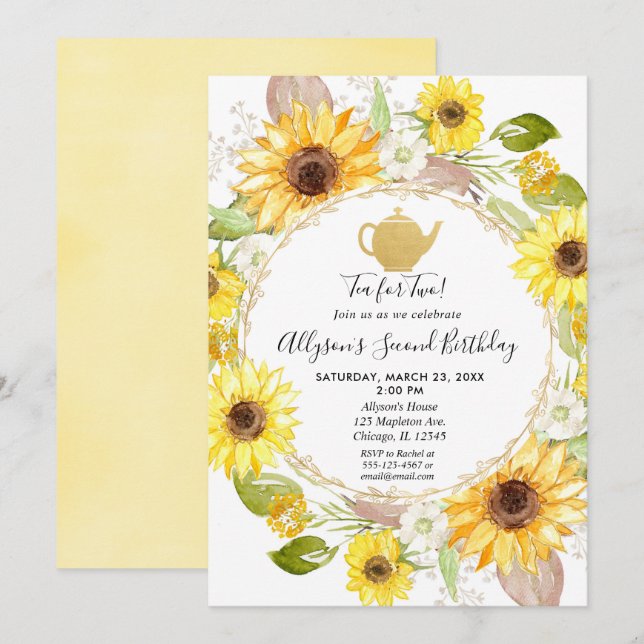 Invitation Thé de fête Sunflower pour deux ans (Devant / Derrière)