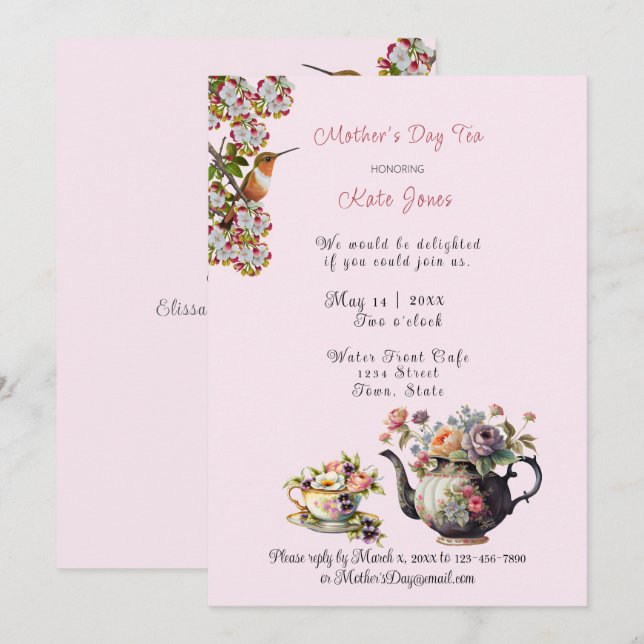 Invitation Thé de la Fête des Mères Aquarelle Teapot et Teacu (Devant / Derrière)