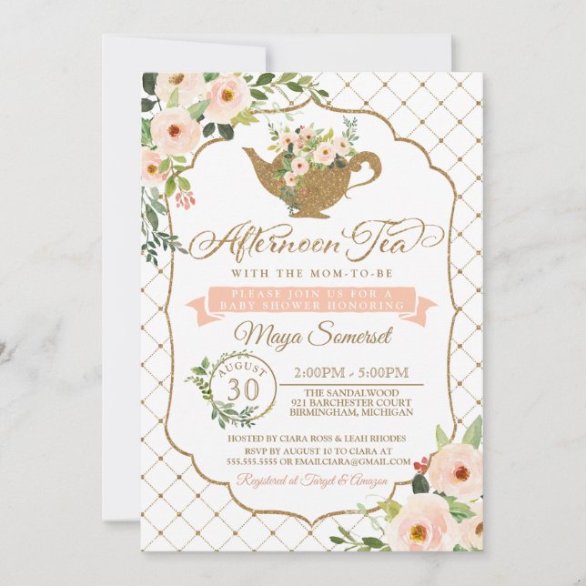 Invitation Thé de l'après-midi Luxueux Baby shower floral (Devant)