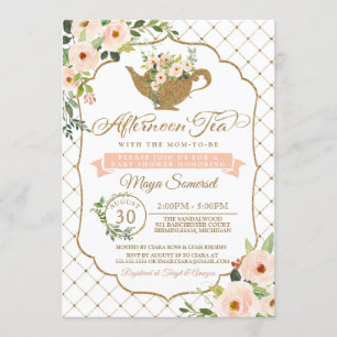 Invitation Thé de l'après-midi Luxueux Baby shower floral