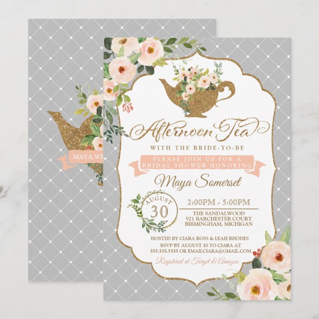 Invitation Thé de l'après-midi Luxueux Blush Floral Fête des  (Devant / Derrière)