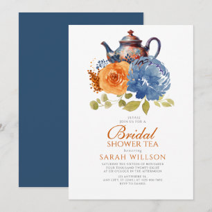 Invitation Thé de mariage floral bleu marine orange brûlé