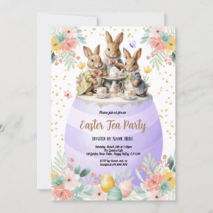 Invitation Thé de Pâques Fête Aquarelle Lapin Violet Pastel