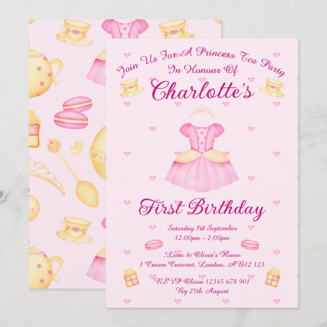 Invitation Thé de princesse élégant rose et or à l'aquarelle (Devant / Derrière)