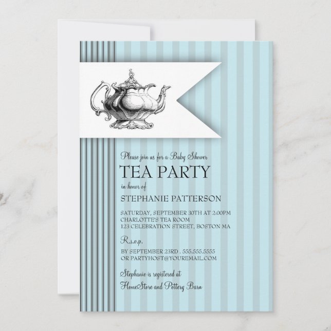 Invitation Thé élégant de baby shower de rayure de coutil de (Devant)