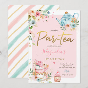 Invitation Thé Fête Anniversaire Fille Rose et or Floral Par