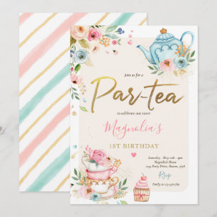 Invitation Thé Fête Anniversaire Fille Rose et or Floral Par