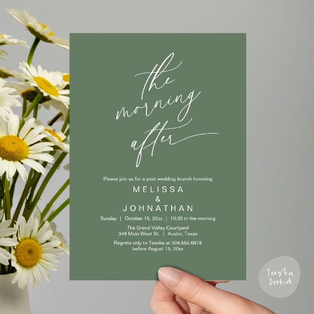Invitation The Morning After, Romantic Post Wedding Brunch (The Morning After Modern Romantic Post Wedding Elopement Brunch Invitation Card PDF in Sage Green)