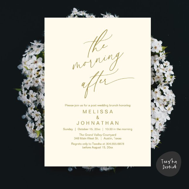 Invitation The Morning After, Romantic Post Wedding Brunch (The Morning After Modern Romantic Post Wedding Elopement Brunch Invitation Card PDF in Yellow Gold)