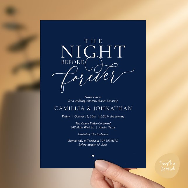 Invitation “The Night Before Forever” Ivory Navy Rehearsal (“The Night Before Forever” Ivory Navy Blue Rehearsal Invitation Card)