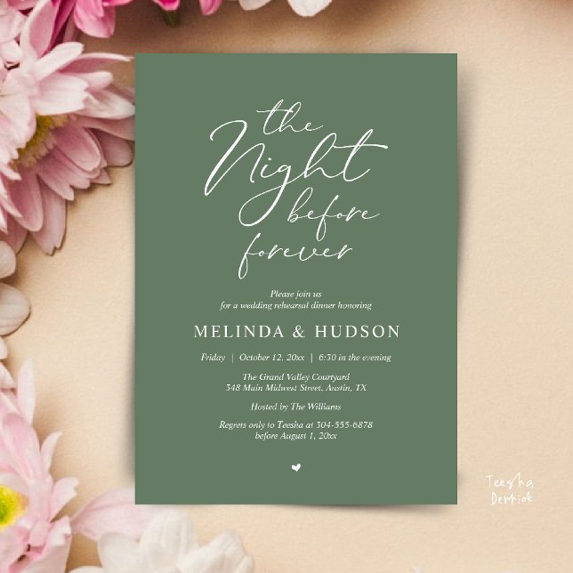 Invitation The Night Before Forever Romantic Rehearsal Dinner (Modern Romantic Wedding Rehearsal Dinner The Night Before Forever Invites Card in Sage Green)