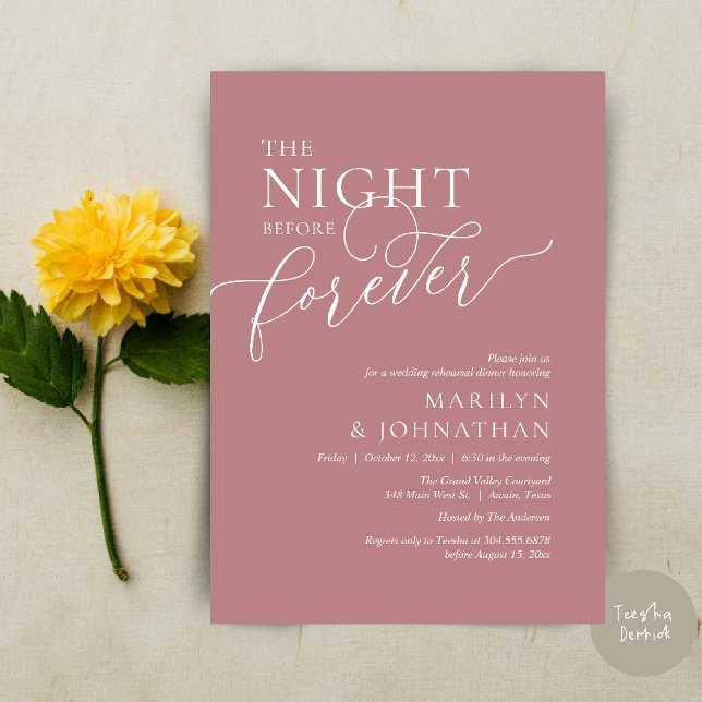 Invitation The Night Before Forever, Wedding Rehearsal Dinner (The Night Before Forever Wedding Rehearsal Dinner Romantic Classy Invites Card PDF in Dusty Rose )