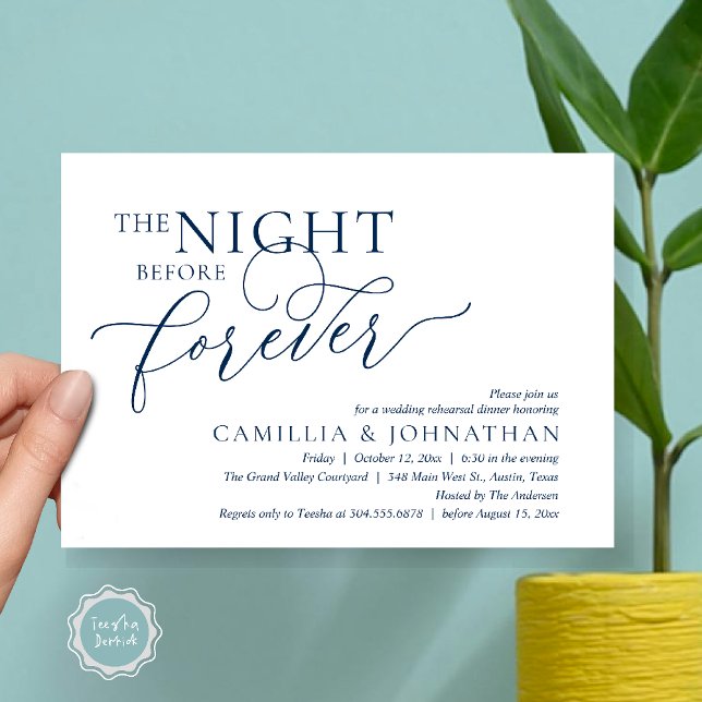Invitation The Night Before Forever, Wedding Rehearsal Dinner (The Night Before Forever Wedding Rehearsal Dinner Romantic Classy Invites Card PDF in Navy Blue)