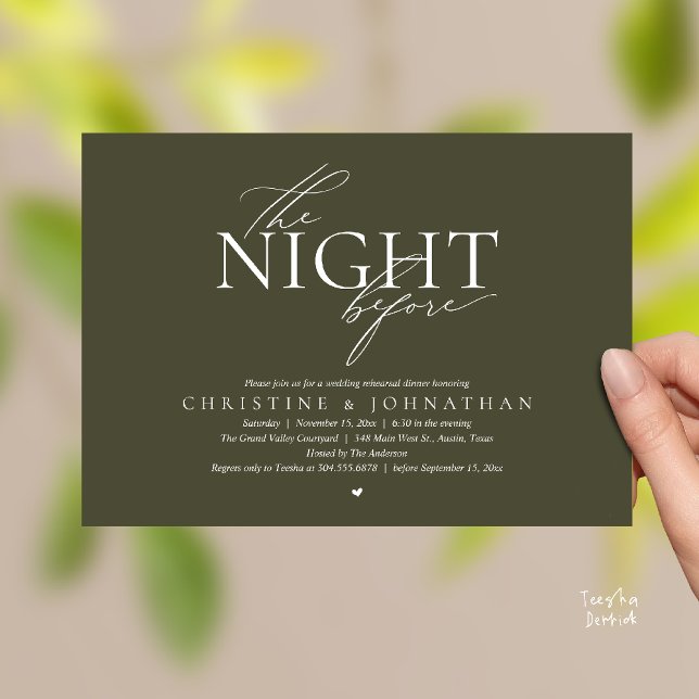 Invitation The Night Before, Modern Wedding Rehearsal Dinner  (The Night Before, Modern Wedding Rehearsal Dinner Invitation Card in Olive Green)