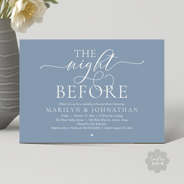 Invitation The Night Before, Modern Wedding Rehearsal Dinner (The Night Before, Modern Romantic Classy Wedding Rehearsal Dinner Invitation Card in dusty blue)