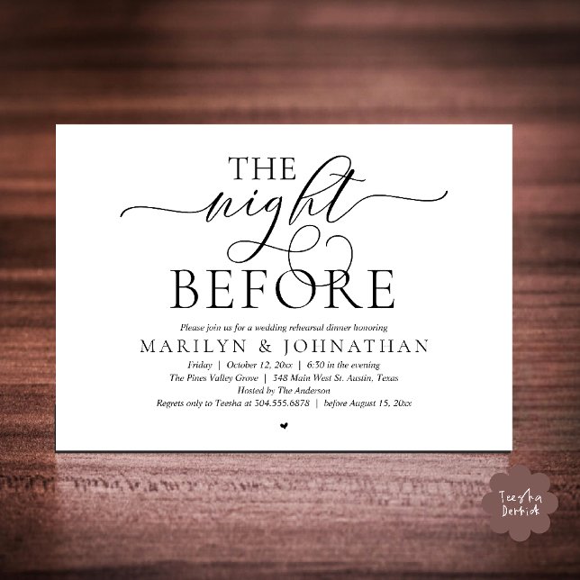 Invitation The Night Before, Modern Wedding Rehearsal Dinner (The Night Before, Modern Romantic Classy Wedding Rehearsal Dinner Invitation Card in black and white)