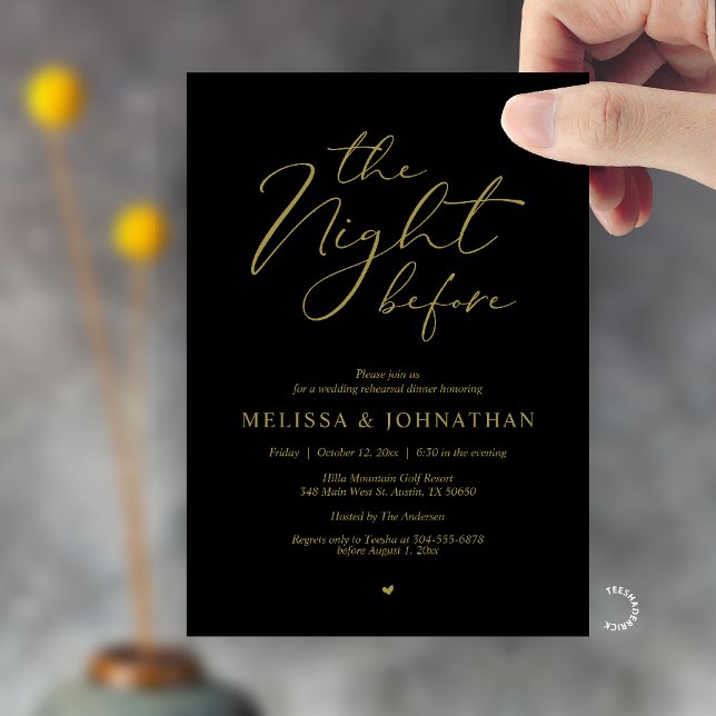 Invitation The Night Before Romantic Wedding Rehearsal Dinner (The Night Before Romantic Wedding Rehearsal Dinner Invitation card in black gold)