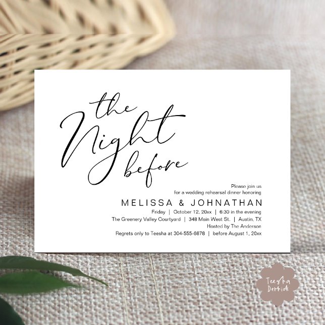 Invitation The Night Before Romantic Wedding Rehearsal Dinner (The Night Before Romantic Modern Wedding Rehearsal Dinner Aesthetic Invites Card PDF Black White)