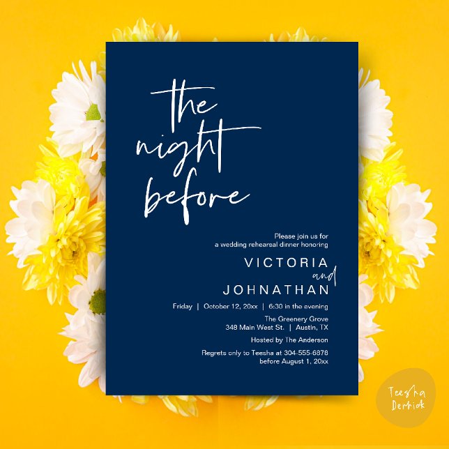 Invitation The Night Before, Wedding Rehearsal Party Dinner (The Night Before, Wedding Rehearsal Dinner Party Invites Card PDF Romantic Modern Casual Navy Blue)